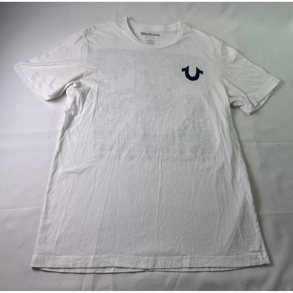 True Religion‎ Mens White Horseshoe Logo Graphic Tee Streetwear Y2K Urban Size M